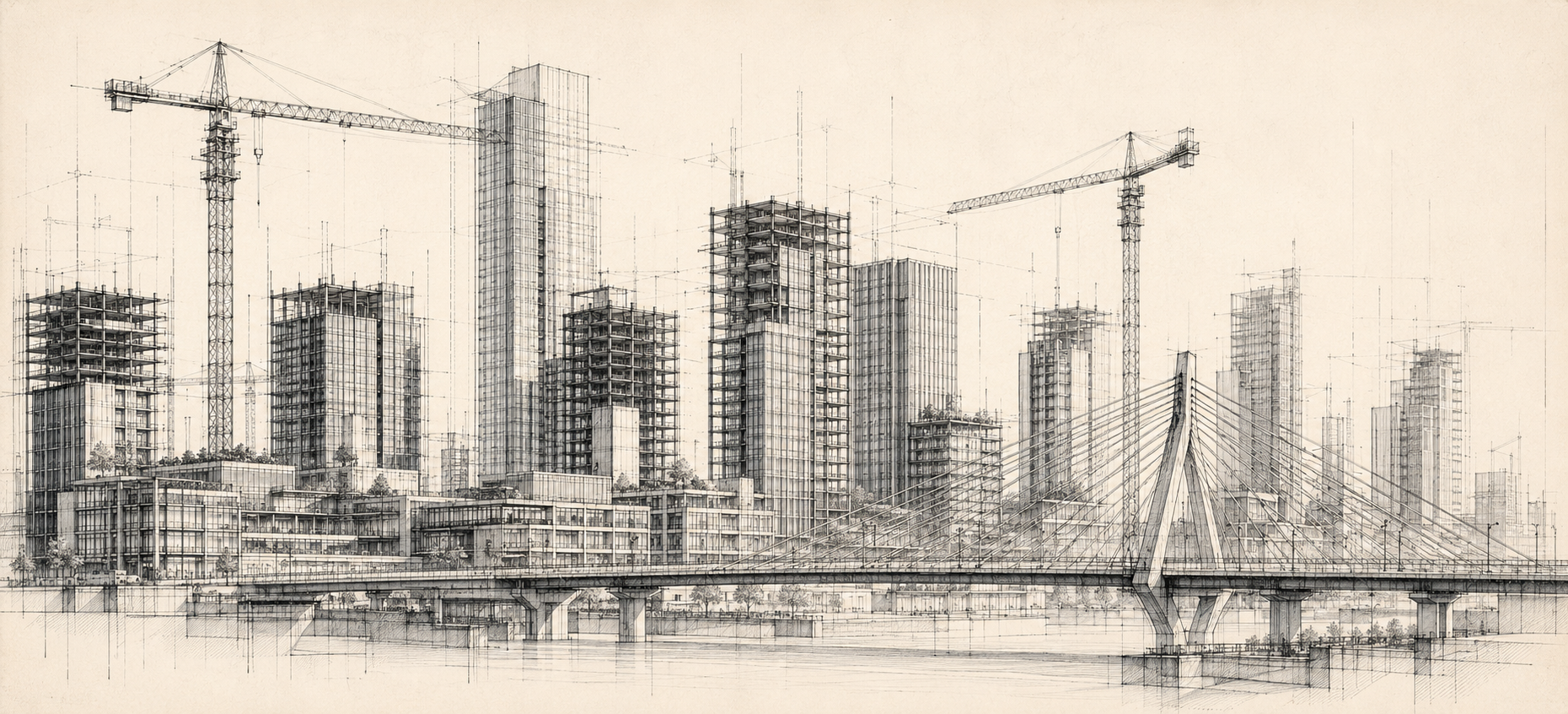 Technical architectural study of a city under construction with cranes, towers, and a bridge